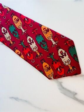 90s vintage JC De Castelbajac 100% Wide Silk Tie Maroon & Green Novelty Graphic